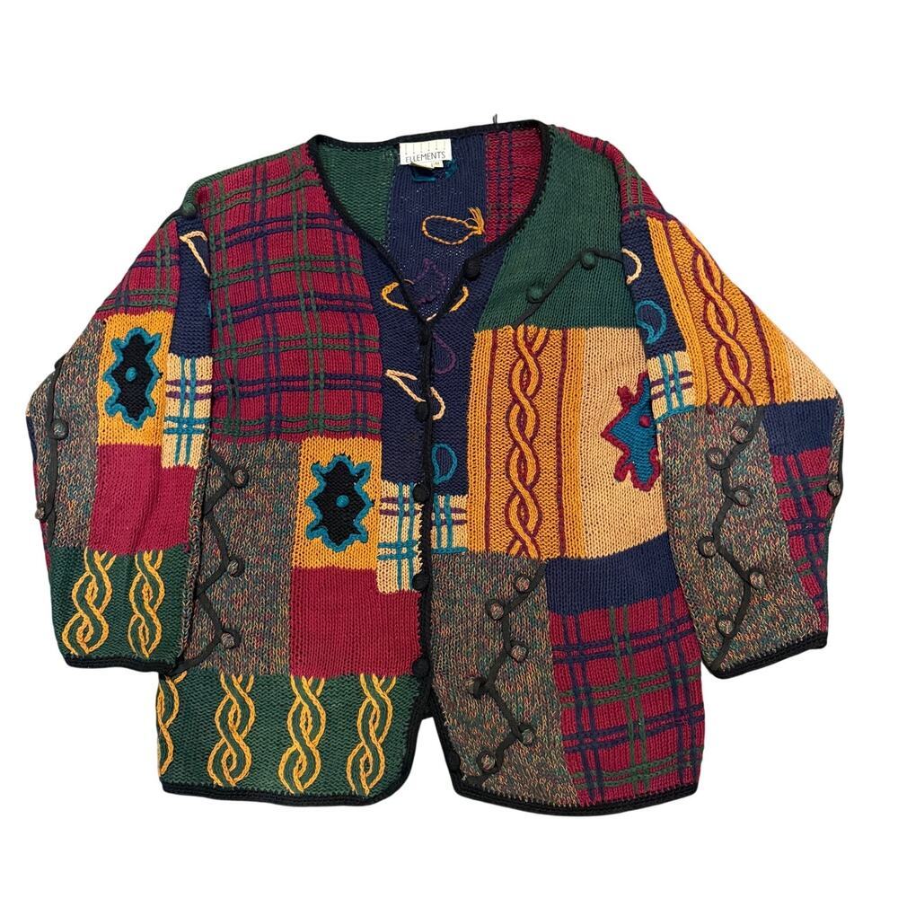 Vintage Casual Elements 3D Chunky Knit Ramie Cotton Sweater Retro Boho Patchwork